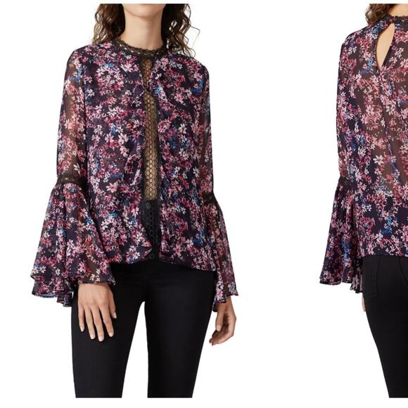 MISA Divya Floral Blouse Bell Sleeves Retro Lace Sheer Black Pink Purple XL - Picture 3 of 13